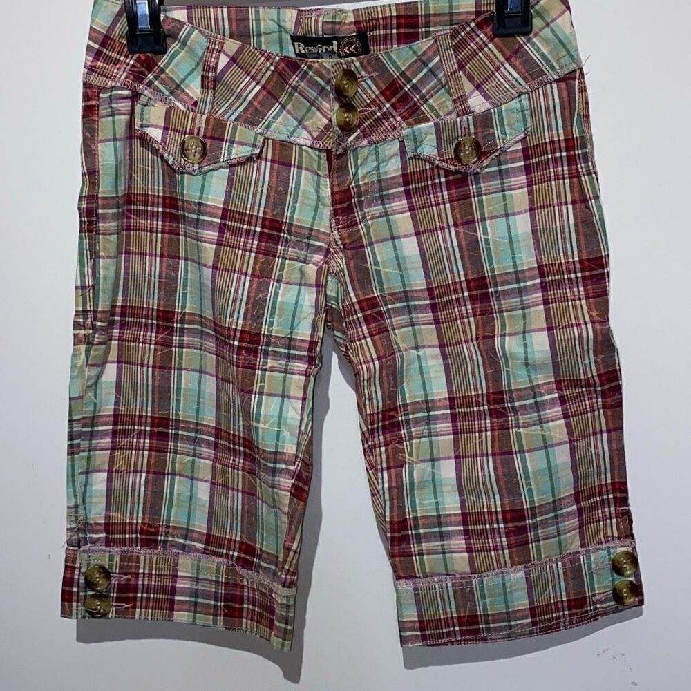 Rewind Womens Multicolor Plaid Button Low‎ Rise Bermuda Shorts Size 0